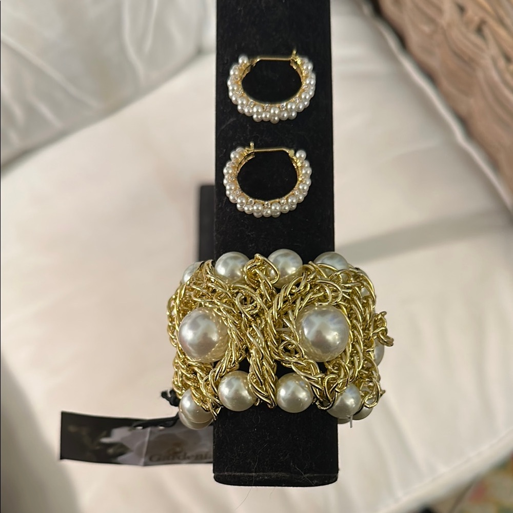 Gold and Pearl Hoop Earrings and Bracelet Set